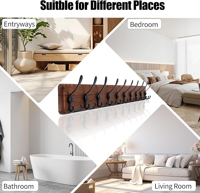 Gohiuo Rustic 38.6" Large Coat Rack Wall Mount, Long Wood Coat Hooks with 10 Triple Hooks, Heavy Duty Wooden Coat Hanger Wall Mount for Entryway, Farmhouse Hanging Jackets, Coats, Hats, Bags,Towel