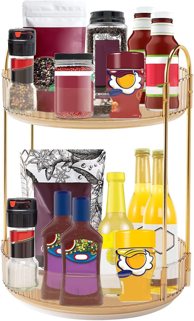 INVSSENE 360 Rotating Makeup Organizer, Yellow, Unisex, 2 Tier Countertop Storage, Large Capacity, Cosmetics, Perfume, Skincare, Lipsticks