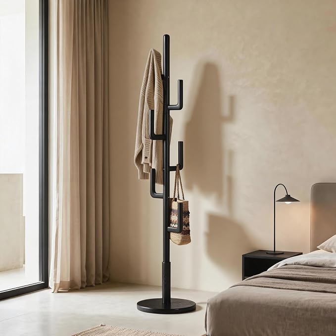 Coat Rack,Solid Wood Cactus Freestanding Coat RackWith 6 L-Shaped Hooks and 3 Adjustable Sizes,Coat Tree for Bedroom, Entryway, Livingroom, Coat Hanger Stand for Coats, Handbags (Black)