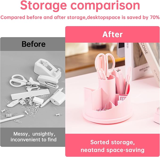 deli Office Supplies Set, Desk Accessory Organizer Kit, Pink | Stationary Set, Desk Supplies with Rotating Multi-Functional Pen Holder &Stapler Set for Office, School, Home