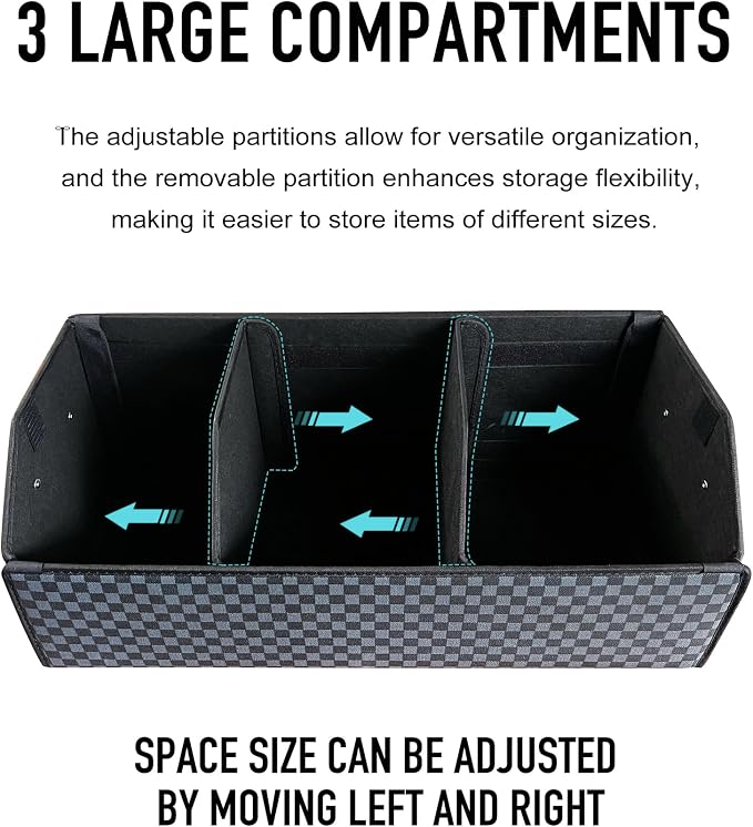 Fyzeoty Car Trunk Organizer for SUV and Sedan, Blue-Gray, 29.5 inches | Unique Blue‑Gray Plaid, Extra Large, Leather Storage Box, Magnetic Lid, Collapsible & Adjustable, Water‑Resist & Dust‑Proof