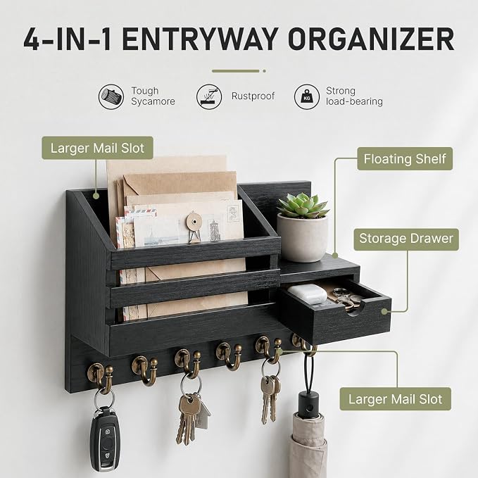 FifthQuarter Key and Mail Holder Wall Mount with Drawer and 6 Sturdy Hooks | Wooden Entryway Organizer and Decorative, Easy Installation