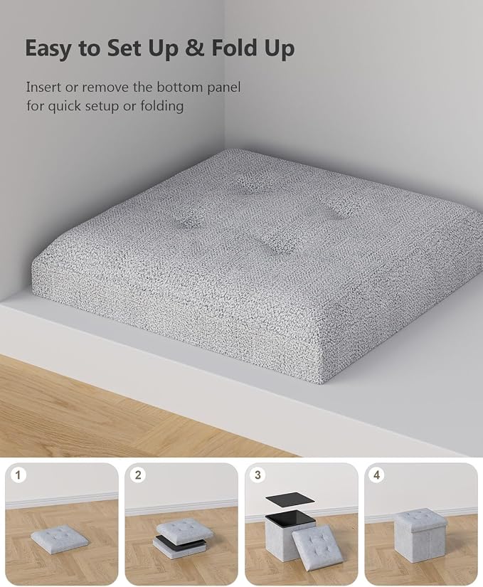 Folding Storage Ottoman Bench, Light Gray, 15 Inches | Multi-Functional Ottoman Foot Rest, End of Bed Bench, Storage Chest, Living Room, Bedroom, Hallway, Entryway, 300 lb Capacity