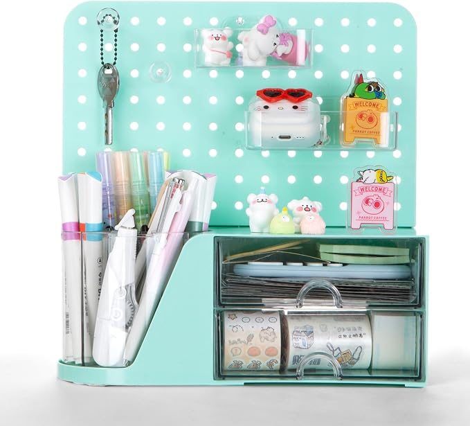 Comix Desk Organizer with 2 Drawer, Green 360° Rotating Pen Holder for Desk | Desk Organizers and Accessories with 5 Slots Pencil Holder+Pegboard+Drawer, Pen Organizer for Home School Art Office Supplies