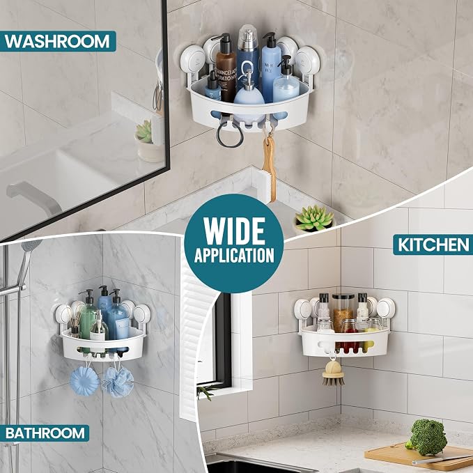 TAILI Corner Shower Caddy with Suction Cups, Wall Mounted Organizer Plastic Rack for Small Bathrooms, Kitchen, Removable Drill-Free Heavy Duty Shelf Basket, White | Plastic Rack, Small Bathroom Caddy, Removable, Drill-Free ,Heavy Duty Shower Basket