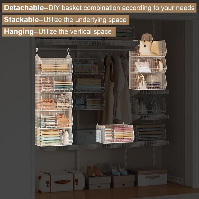 5 Tier Extra Large Closet Hanging Shelves with Divider,2 Pair Hook,16.5"L x 11.8"W x 51.4"H Closets Organizers and Storage,Clothes Organizer Clothing Sweaters Shoes Handbags Clutches Accessories-White