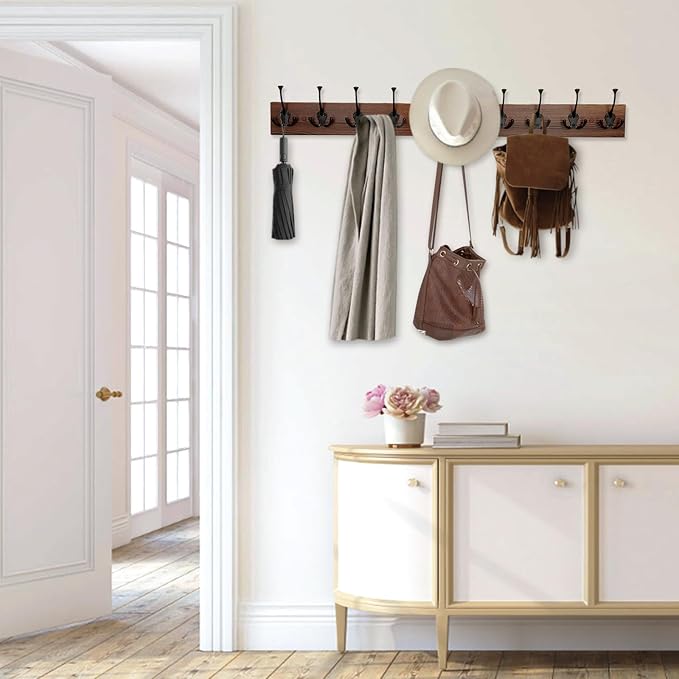 IBosins Brown Wood Wall Mounted Coat Rack, 34" Long with 10 Black Tri-Hooks | Burnt Finish Heavy Duty Wood Coat Hanger, Rustic Coat Hooks Rail for Entryway, Living Room, Coat, Scarf, Bag, Towel, Hat