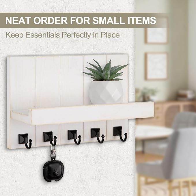 Key Holder for Wall, Decorative Key Holder with Shelf, Key and Mail Holder Wall Mount, Farmhouse Decor with 5 Key Hooks for Keys, Coats, ect.