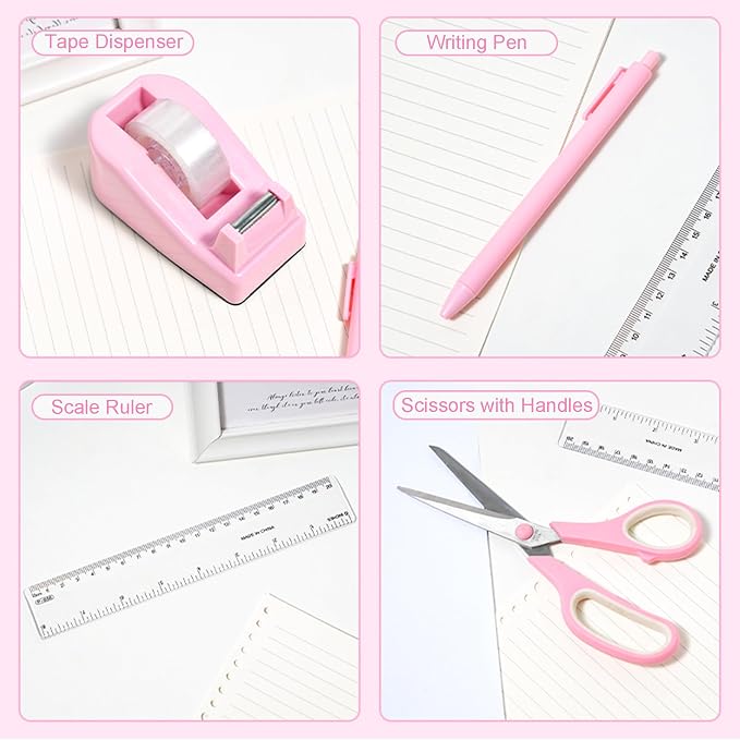 COMFYROOM Pink Desk Accessories with Pen Holder, Pink Office Supplies Desk Organizers and Accessories for women, Tape Dispenser, Stapler, Staple Remover, Staples, Clips Set, Ruler, Scissor, Pen, Tape