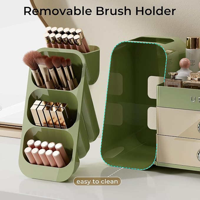 UFORU Makeup Organizer Countertop with Brush Holder for Vanity Bathroom | Large Capacity, Thickened Plastic, Compact Size, 2 Big Drawers, Detachable Brush Holder, Divided Compartments, Easy Access