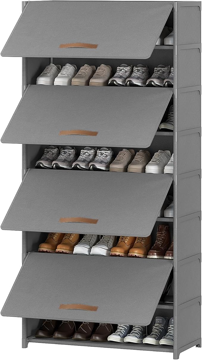 9 Tier Shoe Cabinet with Door, 36-Pair Storage, Grey | Max capacity for large families. Door prevents dust & pet damage. Holds all shoe types. Easy connector assembly.