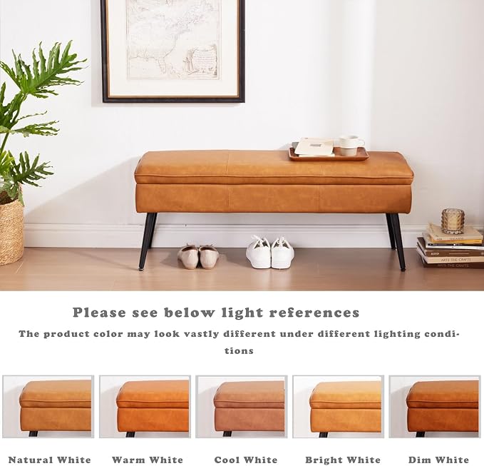 Ottoman with Storage Bench, Upholstered Large Entry Bench Cognac | 43.3" Mid-Century Modern End of Bed Bench w/ Flip-Lid Metal Legs Padded Seat for Living Room Bedroom Entryway, Faux Leather