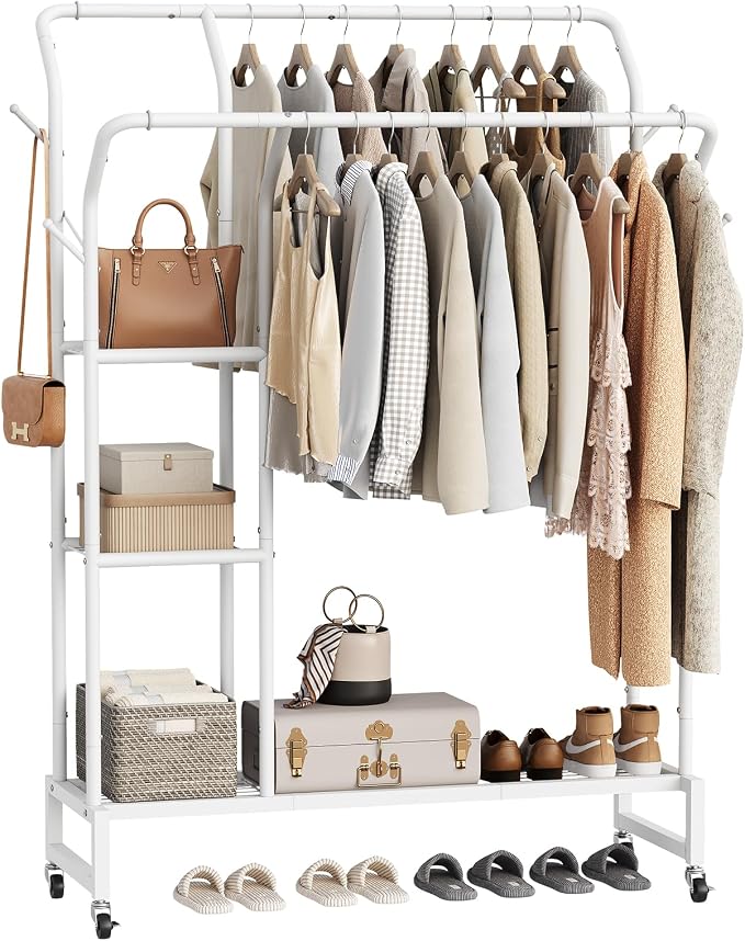 Yoobure Double Rods Clothes Rack - Portable Clothing Rack with Wheels, Rolling Garment Rack with 3-Tier Shelves & 4 Hooks, Freestanding Clothing Racks for Hanging clothes, Coat Rack for Closet Bedroom