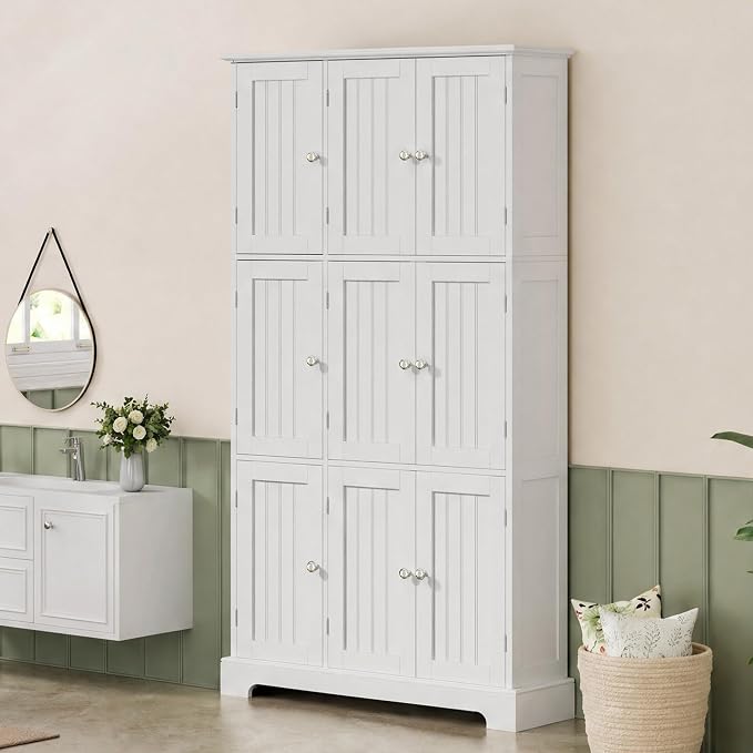 ChooChoo 63.2" Tall Bathroom Storage Cabinet with 9 Doors | Narrow Floor Cabinet, Adjustable Shelves, Slim Pantry Cabinet for Bathroom, Kitchen, Laundry Room, White