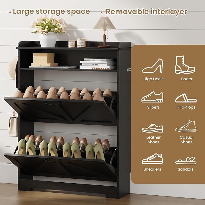 Farmhouse Shoe Cabinet Organizer with 2 Flip Drawers, 31.5" W Black | Freestanding shoe cabinet with flip drawers ,space-saving storage for foyer hallway,Adjustable Shelves & 2 Hooks