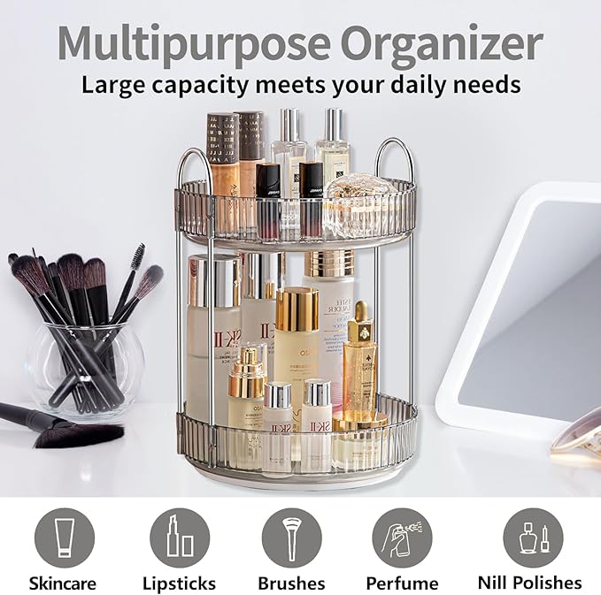 Asayuee 360 Rotating Makeup Organizer for Vanity,Bathroom Countertop Organizer,Spinning Perfume Organizer&Vanity Organizer(Grey-2 Tier)