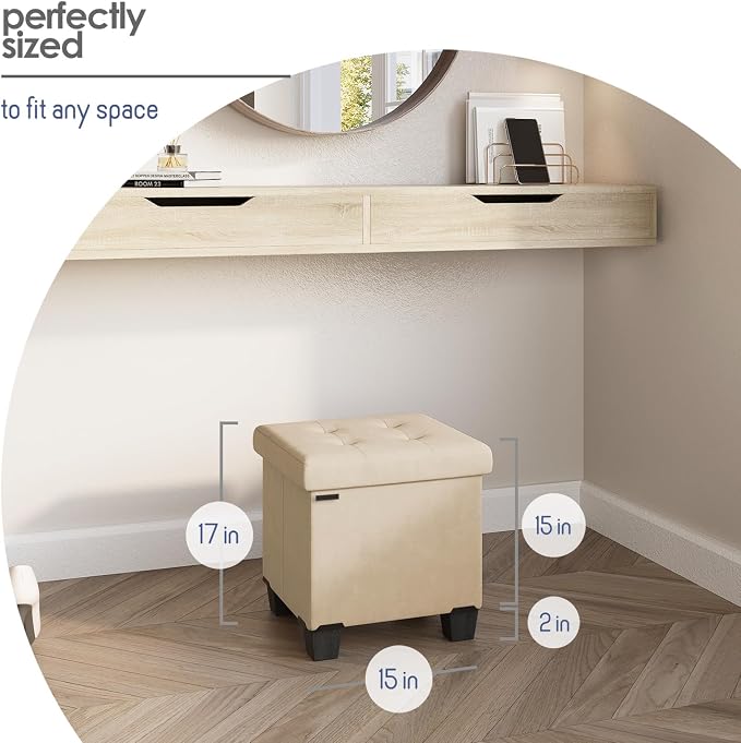 Storage Ottoman Cube with Small Bin, 15-in Square Ottoman with Storage for Living Room and Bedroom, Small Ottomans Foot Rest, Velvet Foot Stools Ottomans Max 330lbs, Beige