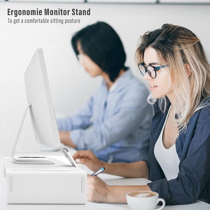 Monitor Stand Riser with Drawer & Phone Holder, Foldable Desk Organizer | Adjustable height laptop riser, built-in pen slot, space saving desktop organizer for home office White