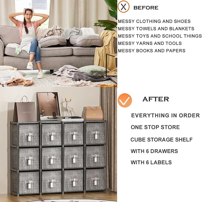 Cube Storage Organizer Shelf + 6 Bins + Labels | Adjustable Modular Cubby Organizer, Beautiful Printed Storage Shelf, Large Capacity, Living Room, Dorm, Yarn
