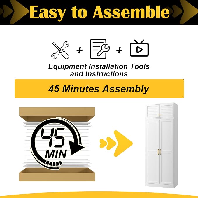 Steeloong 86"Metal Pantry Storage Cabinet with Doors & 4 Adjustable Shelves | Kitchen Pantry Cabinet,White Kitchen Cabinet with 4 Gold Handles,Tall Cabinet for Livingroom,Pantry, Bathroom,Kitchen,Garage