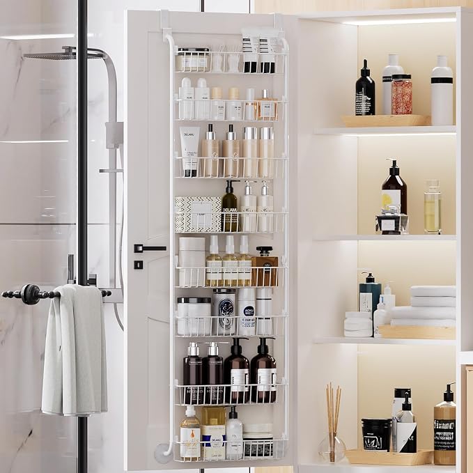 Delamu Over The Door Pantry Organizer, 8-Tier Metal Pantry Door Organization and Storage for Easy Install, Hanging Spice Rack Seasoning Shelves, Door Organizer for Kitchen, 4.65"D x 18"W x 65"H, White