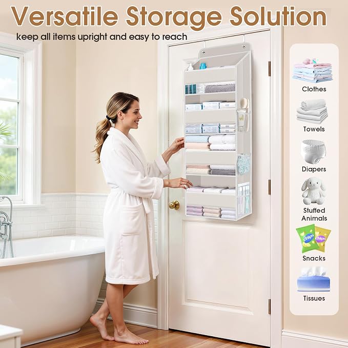 Over The Door Organizer Storage behind Door Hanging Organizer for Nursery | 4 Tier, 6 Side Pockets, Clear Window, Sturdy Construction, Space-Saving Storage for Closet, Bedroom, Bathroom & Nursery