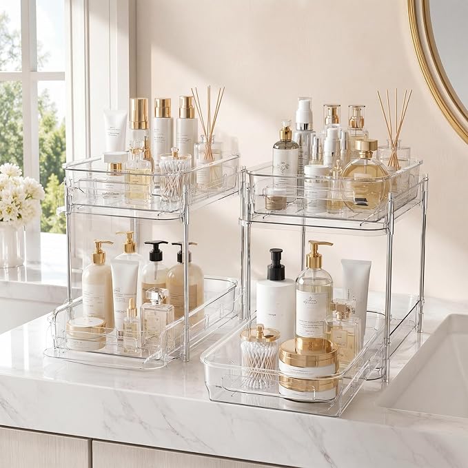 2 Tier Bathroom Storage Organizer, 2 Pack Clear Under Sink Organizers, Cabinet Drawer Bins for Vanity Counter, Kitchen, Pantry