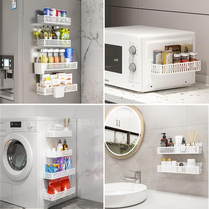 Sevenblue 4-Pack Magnetic Spice Rack for Refrigerator with Hooks, White | Strong multipurpose magnetic shelf for kitchen & bathroom organization. Includes 4 removable hooks for hanging items.