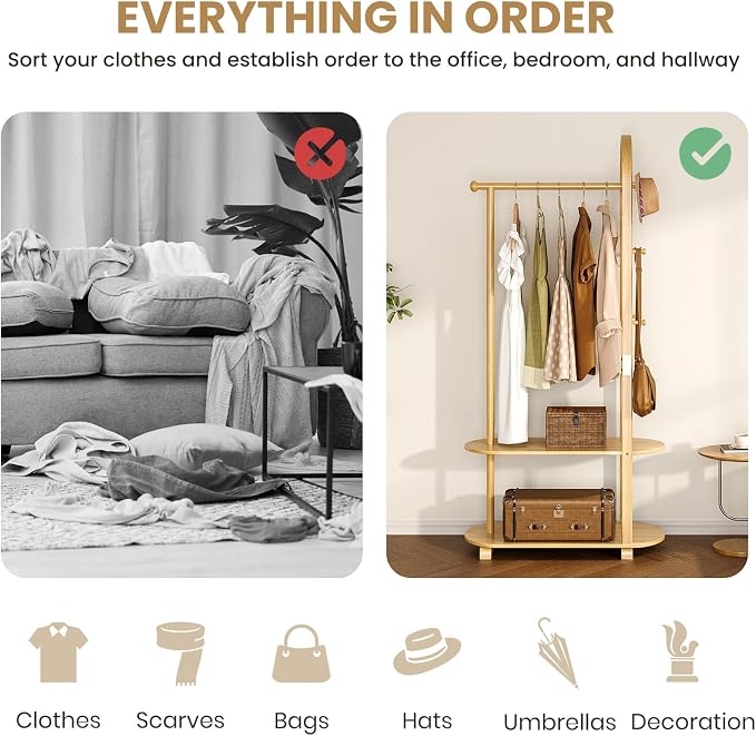 31.5" Wide 3-in-1 Freestanding Clothing Rack.Wooden Coat Rack with 2 Shelves and 6 Hooks,Solid Rubber Wood Coat Rack with Shelves for Entryway, Bedroom, Living Room, Natural