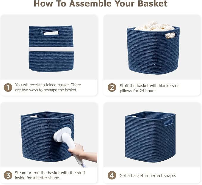 UBBCARE Set of 4 Cotton Rope Basket 12 X 12 X 12 Inches, Woven Storage Baskets for Shelves, Organizing with Handles, Cube Storage Bins for Storage Books, Magazines, Navy Blue