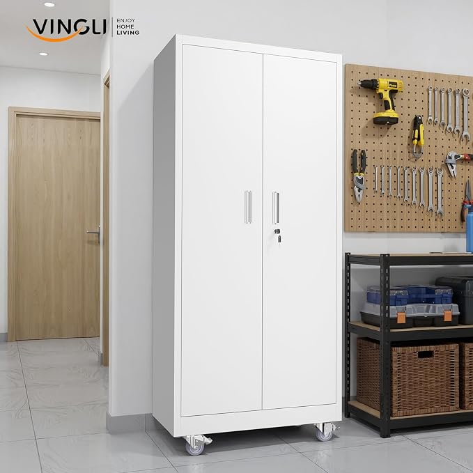 VINGLI Rolling Metal Storage Cabinet with Adjustable Shelves, 71'' Tall Garage Storage Cabinet with Wheels, Locking Tool Cabinets for Home Office Garage Gym School (White)