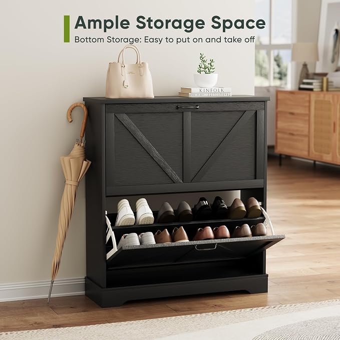 Smart FENDEE Shoe Cabinet, Shoe Storage Cabinet for Entryway with 2 Flip Drawers, Narrow Farmhouse Shoe Organizer Cabinet, Slim Shoe Rack Cabinet, 31.5in Black