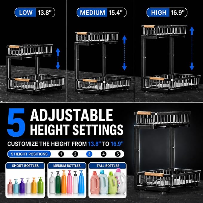 Under Sink Organizer 2 Pack, Double Slide Out Metal Shelf, Black | Pull Out Kitchen Storage Cabinet Organizer, 2-Tier Under Sink Storage Rack for Bathroom Laundry Kitchen Storage with Drawer