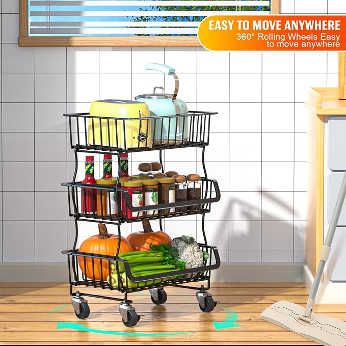 Gsiekare 3-Tier Rolling Pantry Organizer and Storage Cart with Wheels | Stackable wire pantry baskets for pantry shelves, fruit basket stand, easy to move, storage rack for food snack onion potato