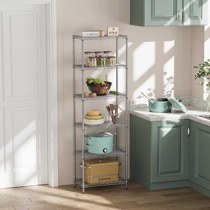 SINGAYE 6 Metal Shelves Wire Shelving Storage Shelf Adjustable Unit Pantry | 6 Tier Kitchen Laundry Room Organization Home Pantry Closet Bathroom Organizers Garage Rack 12" D x 22" W x 69.5" H Gray