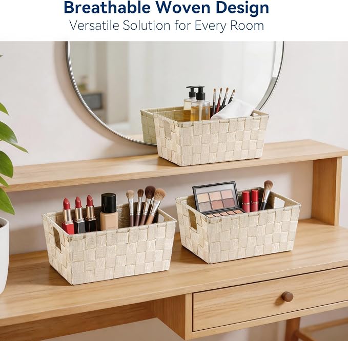 Whitmor Small Woven Storage Baskets for Shelves - Decorative Bathroom Organizer Bins with Metal Structure, Versatile Shelf Storage Solution for Home Organization & Closet (Latte)