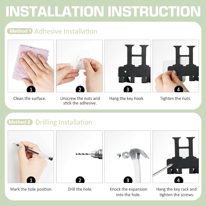 Key Holder Wall Mount, Adhesive Key Hanger with 12 Hooks, Black | Metal Material, 2 Mount Options, Compact Design, Cute Wall Decoration, Suit for Entryway, Doorway, Hallway, RV, Garage