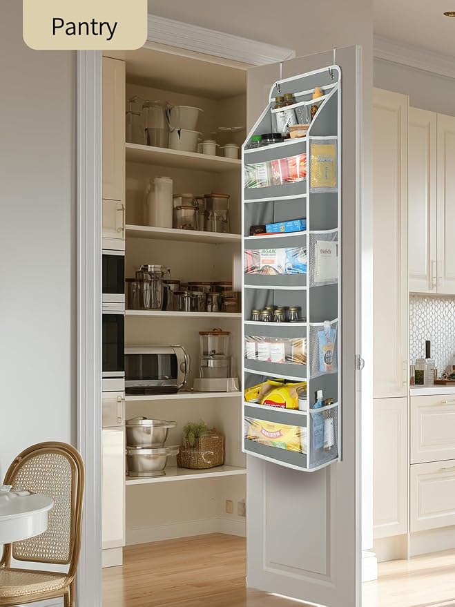 Yecaye 5 Tier Over the Door Organizer, Swing-proof Door Organizer Hanging with Clear PVC Windows, Behind the Door Storage for Bedroom Nursery Closet Laundry Pantry Bathroom, Grey