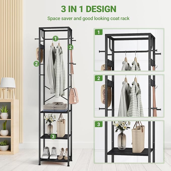 ELYKEN Coat Rack Freestanding, Hall Tree with 3 Shelves and 12 Hooks, Black | Industrial Metal Frame, Space-Saving Design, Clothes Rack Stand Organizer for Bedroom, Hallway, Entryway, Office, Living Room