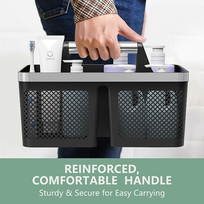 BYUNER Black Shower Caddy Portable: Plastic Bathroom Caddy Organizer with Handle and Holes, Cleaning Caddy, Hard Shower Basket Storage Tote for Toiletry, College Dorm Room Essentials for Men