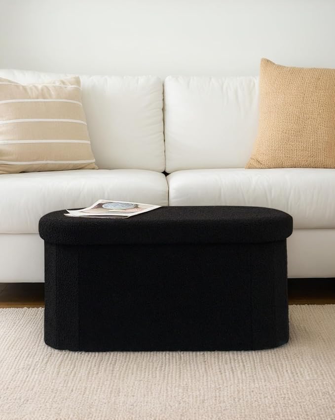 30 Inches Oval Storage Ottoman Bench, Foldable Footrest | Teddy Boucle Fabric, Hidden Storage, Soft Padded Seat, Compact Ottoman For Living Room, Bedroom, Dorm, Black
