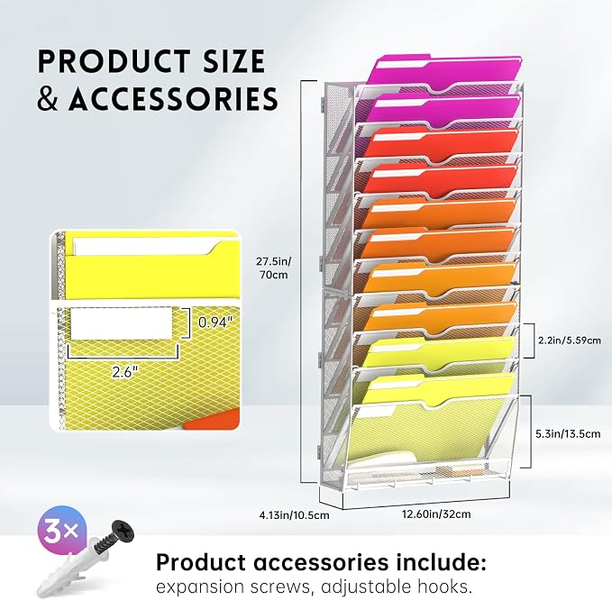 11-Tier Wall File Organizer with Base and Hooks, Hanging Organizer, White | Wall Organizer and Wall File Holder with 11 Vertical Pockets and Bottom Tray for Files, Mail, Folders, Magazines and Paper