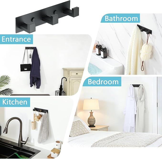 Alise Coat Hook Wall Mount Hat and Coat Rack with 3 Hooks Wall Mount,Black | Key Hooks for Robes,Bags,Keys,and Towels,SUS304 Stainless Steel Wall Hooks for Hanging,Self Adhesive or Drilling
