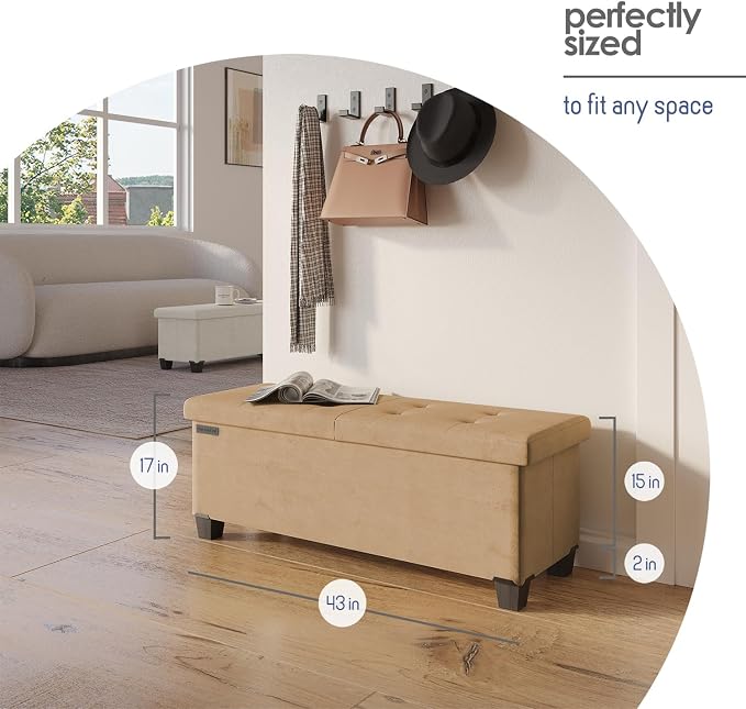 Storage Ottoman Bench with Bins, 43-in Storage Bench for Bedroom End of Bed, Folding Foot Rest Ottoman for Living Room Max 660lbs, Velvet Ottomans, Taupe