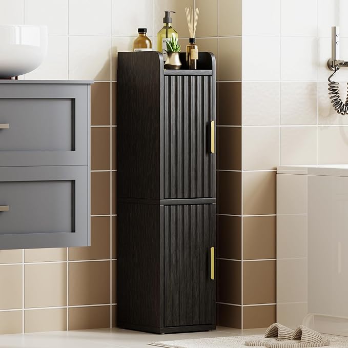 Yoobure Small Bathroom Storage Cabinet - Corner Floor Cabinet with 2 Doors & Adjustable Shelves, Narrow Slim Toilet Paper Cabinets, Skinny Bathroom Organizer for Small Space, 7.9" D x 7.9" W, Black