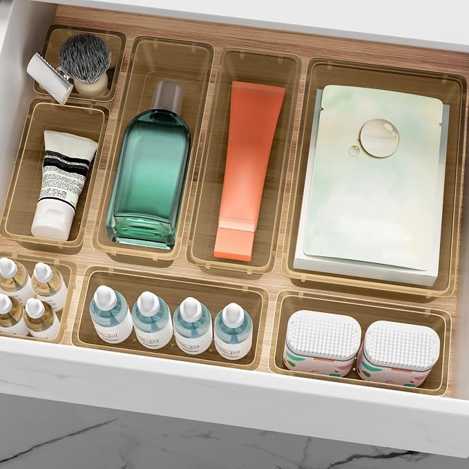 12 PCS Drawer Organizer Set, Makeup Organizers, Champagne | 4 Sizes, Plastic, Stackable, Multiple Gadgets, Desk Drawer Divider Organizers, for Makeup, Office Supplies Storage