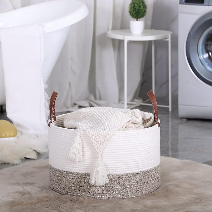 KAKAMAY Large Blanket Basket (20"x13"),Woven Baskets for storage Baby Laundry Hamper,Cotton Rope Blanket Basket for Living Room, Laundry, Nursery, Pillows, Baby Toy chest (White/Beige) | Extra Large Capacity | Natural Cotton Rope | Blanket Storage | Wo...