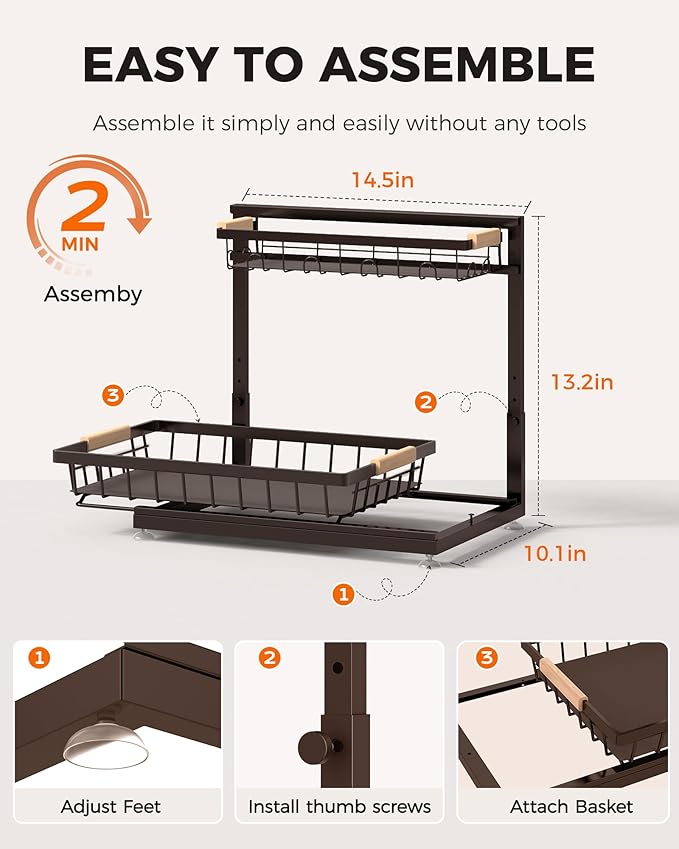 Sevenblue 3 Pack Under Sink Organizer, Height Adjustable 2 Tier Pull-Out Metal Under Kitchen Sink Organizer, Multi-Purpose Storage Shelves for Kitchen Bathroom Cabinet, Brown