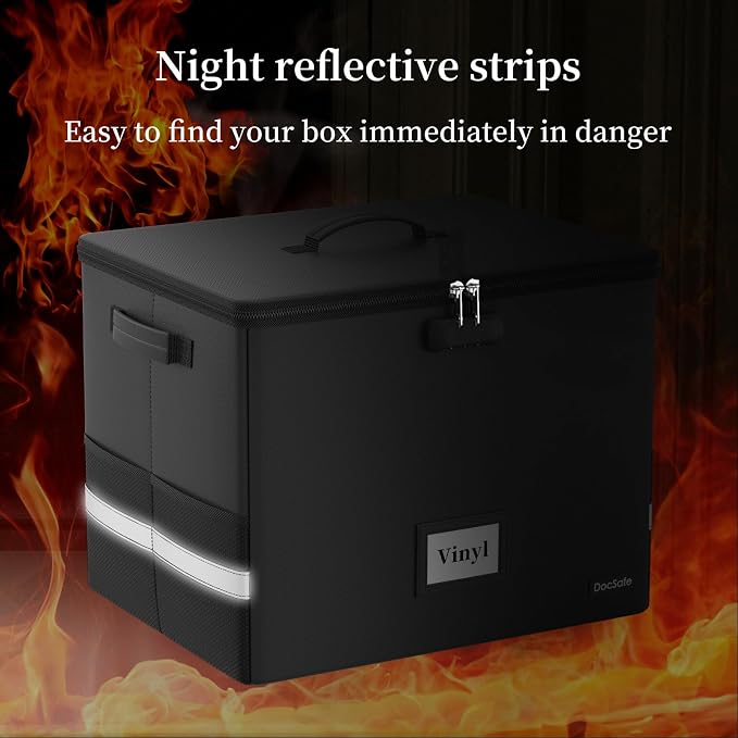 DocSafe Fireproof Vinyl Record Storage Box with Lock,Large Record Organizer Storage for 150+ Single Records,Collapsible Storage Crate with Lid&Handles for Valuable Album Collection,16.1''x13''x13''