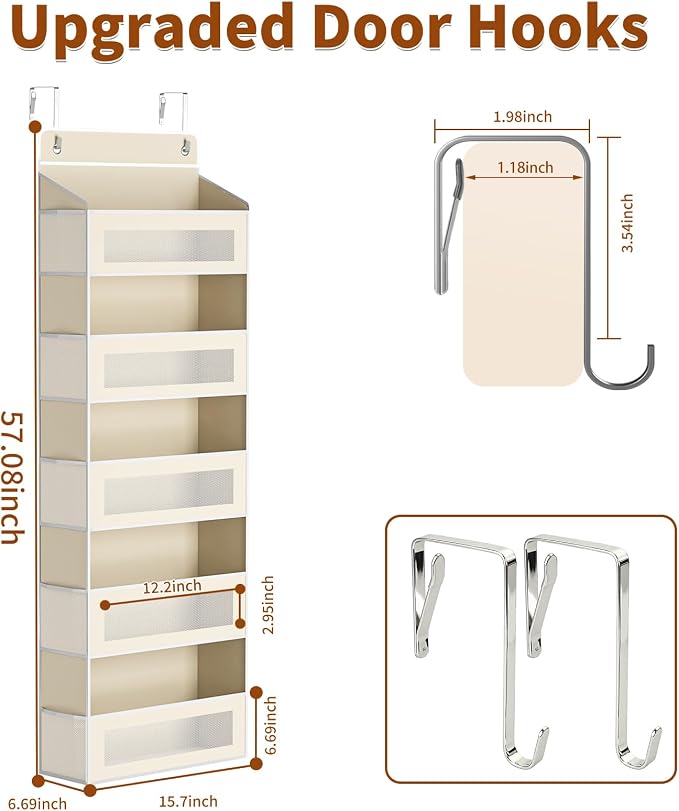 AQOOA 5-Tier Over The Door Organizer 44 lbs Capacity fit Standard Doors | Over the Door Storage with10 Side Pockets Behind Door Storage, Closet Door Organizer Hanging Shelf for Bathroom, Beige